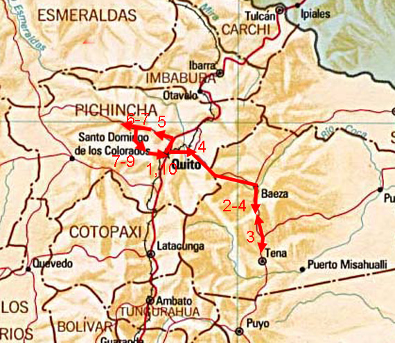 Map showing route of 2018 Ecuador birding tour.