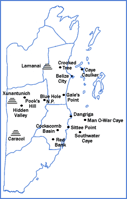 Map of Belize showing locations of major birding destinations.