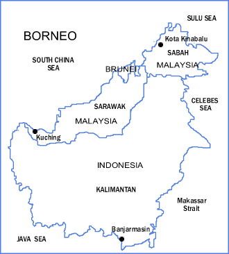 Map of Borneo showing major political boundaries.