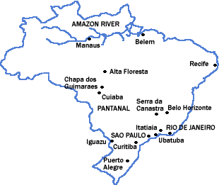 Map of Brazil showing locations of a few major birding destinations.