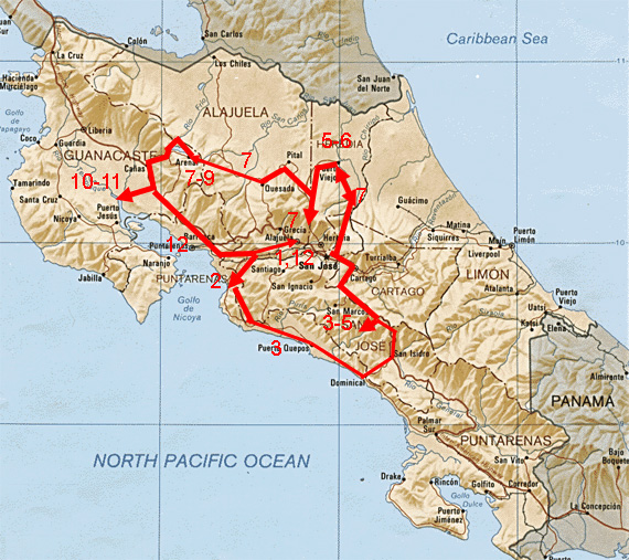 Map showing route of Grand Costa Rica photo tour. Map showing route of Grand Costa Rica photo tour.