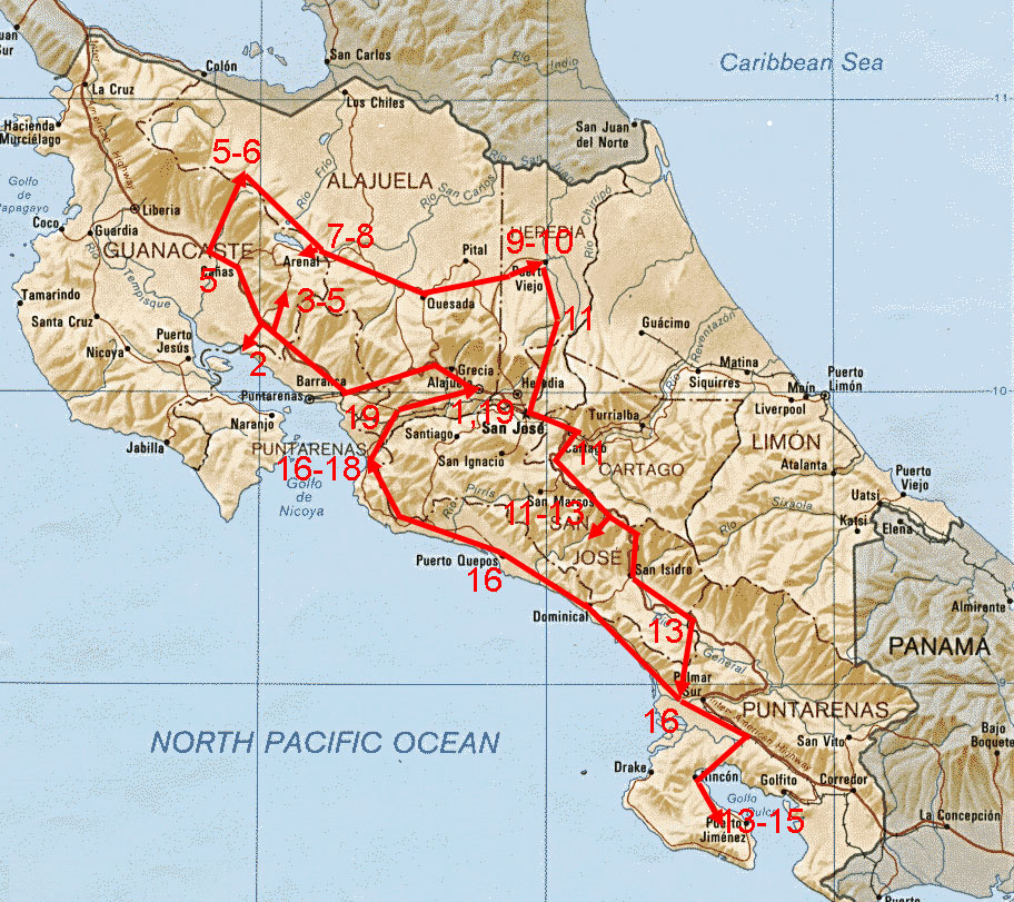 Map showing route of Costa Rica Grand Birding Tour.