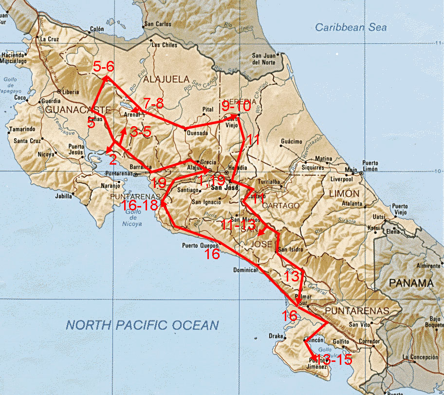 Map showing route of Costa Rica Grand Birding Tour. Map showing route of Costa Rica Grand Birding Tour.