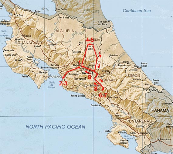 Tour map showing route of tour map of costa rica national parks. Tour map showing route of tour