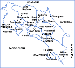 Map of Costa Rica showing locations of major birding destinations.