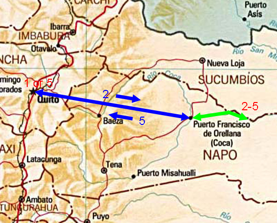 Tour map showing route of bird tour to Napo River lowlands of Ecuador.