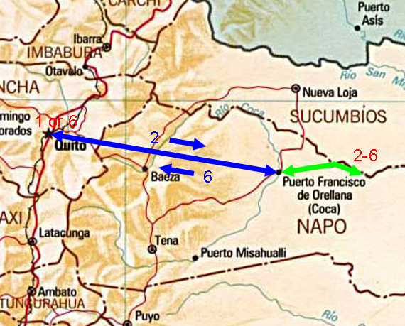 Tour map showing route of bird tour to Napo River lowlands of Ecuador. Tour map showing route of bird tour to Napo River lowlands of Ecuador.