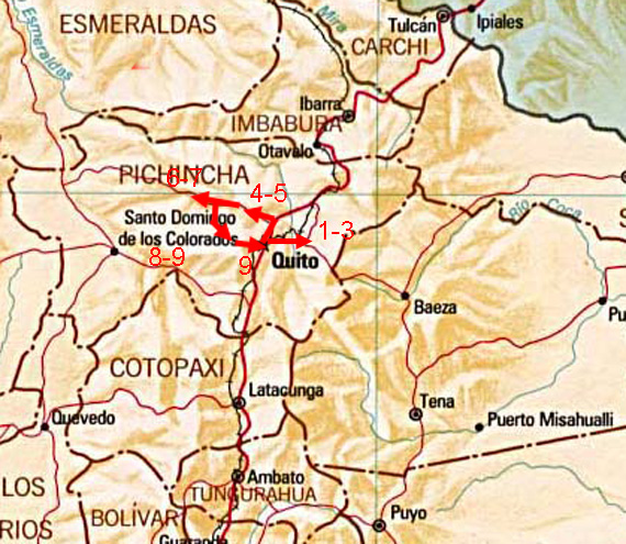Map showing route of Ecuador Andes bird photo tour. Map showing route of Ecuador Andes bird photo tour.