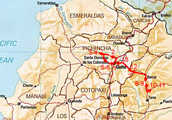 Tour map showing route of tour to northern Ecuador.
