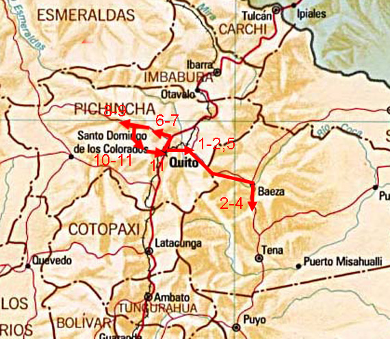 Map showing route of Extended Ecuador Andes bird photo tour. Map showing route of Extended Ecuador Andes bird photo tour.
