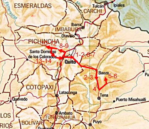 Map showing route of Northern Ecuador birding tour.