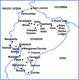Map of Ecuador showing locations of birding areas we visit while on tour.