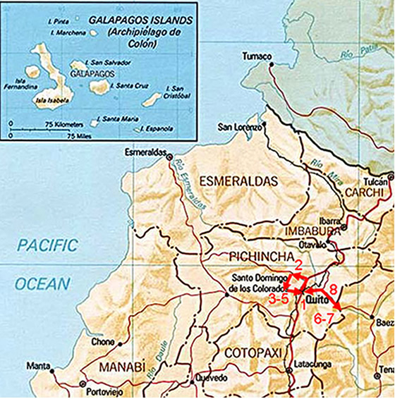 Tour map showing route of birding tour to northern Ecuador.