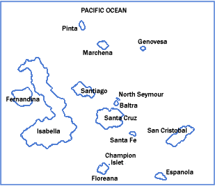 Map of Galapagos Islands showing locations of major birding destinations.
