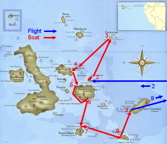 Tour map showing route of photo tour to the Galapagos Islands. Tour map showing route of photo tour to the Galapagos Islands.