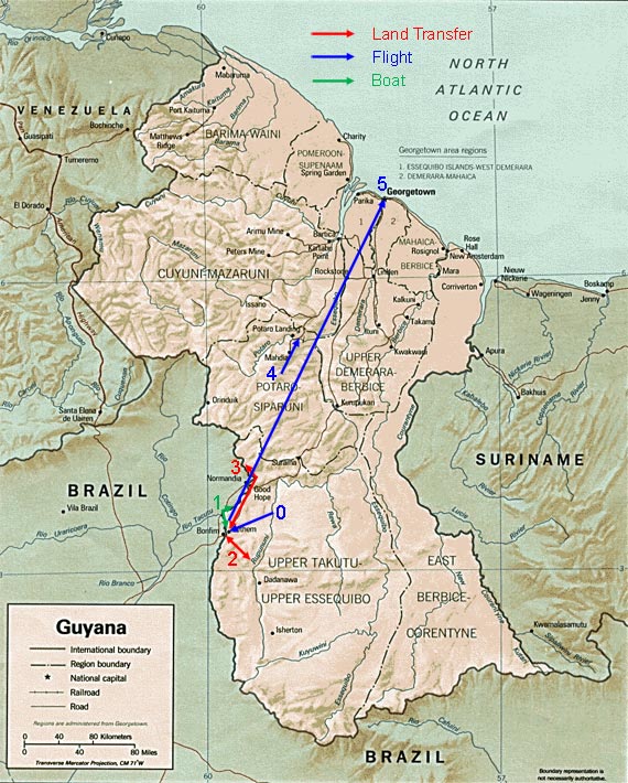 map of guyana showing the towns. Tour map showing route of tour extension to southern Guyana.