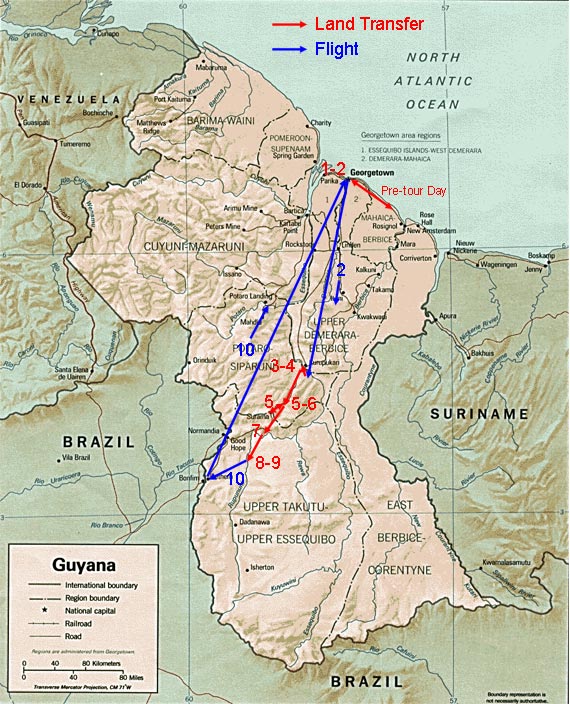 map of guyana showing the 10 administrative regions. Tour map showing route of tour