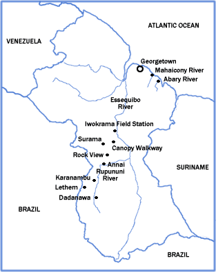 map of guyana showing the towns. Map of Guyana showing locations of a few major birding destinations.
