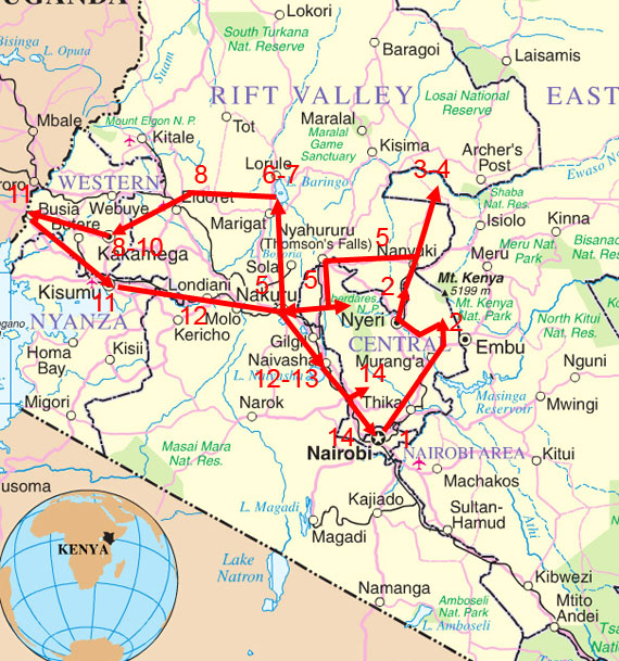 Tour map showing route of Kenya Hotspots Birding Tour. Tour map showing route of Kenya Hotspots Birding Tour.