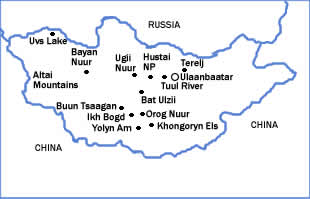 Map of Mongolia showing locations of major birding destinations.