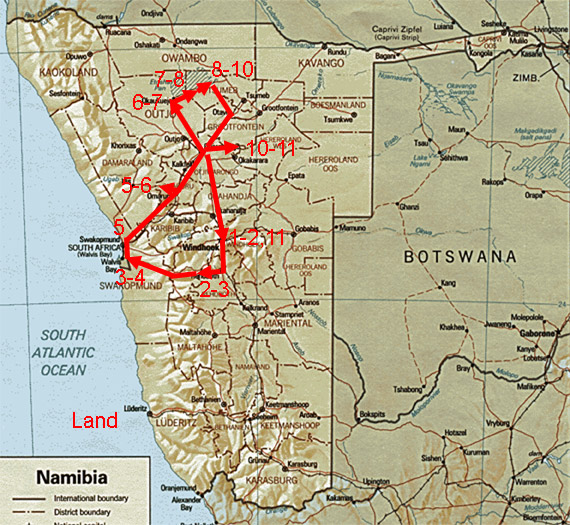 Map showing route of Central Namibia birding tour.