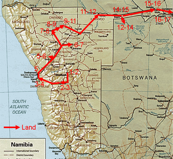 Map showing route of Namibia Grand birding tour.