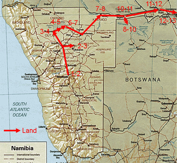 Map showing route of Northeast Namibia birding tour.