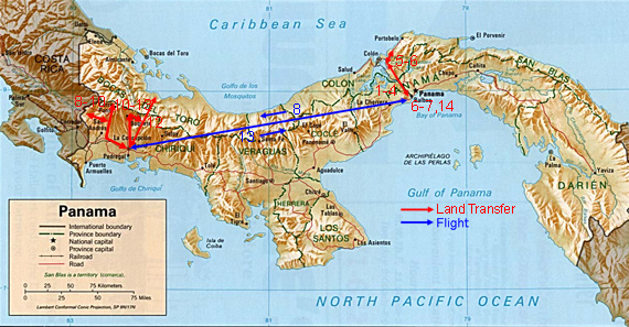 Tour map showing route of birding tour to Panama.