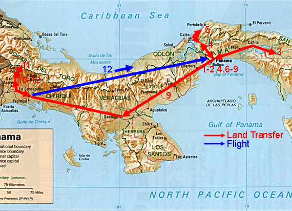 Tour map showing route of full Panama tour to Canal Zone and Chiriqui. Tour map showing route of full Panama tour to Canal Zone and Chiriqui.