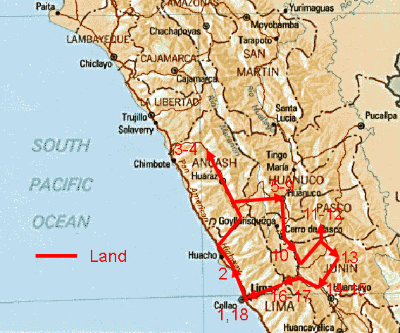 Tour map showing route of Peru Central Route tour.