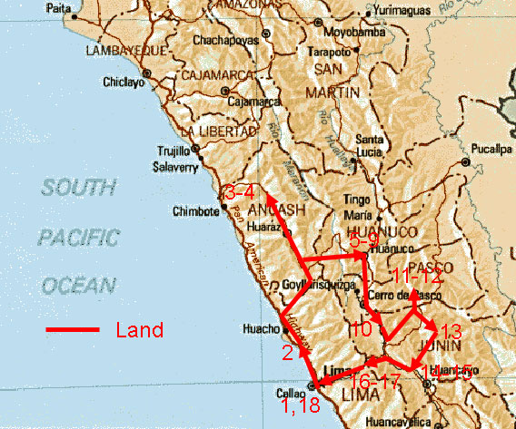 Tour map showing route of Peru Central Route tour. Tour map showing route of Peru Central Route tour.