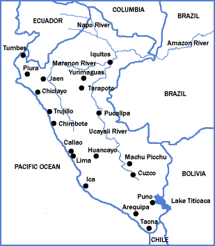 Map of Peru showing locations of major cities.