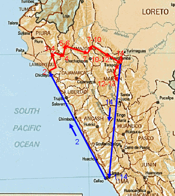 Tour map showing route of Peru Northern Route tour.