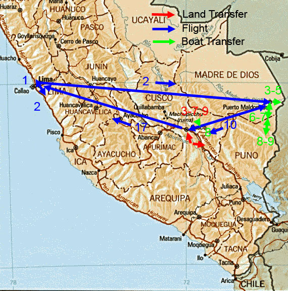 Tour map showing route of Peru Lake Sandoval/Tambopata/Manu Road tour.