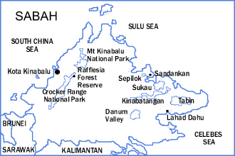 Map of Sabah, Borneo showing major birding sites.