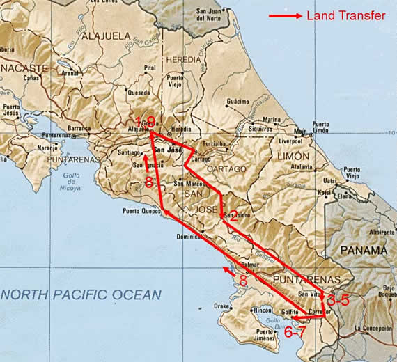 Tour map showing route of photo tour to southern Costa Rica.