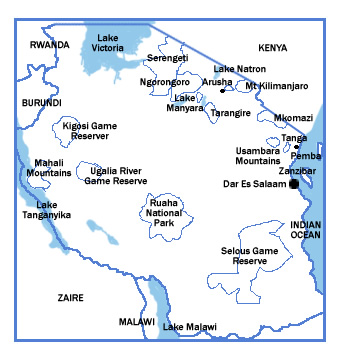 Map of Tanzania showing major parks and reserves.